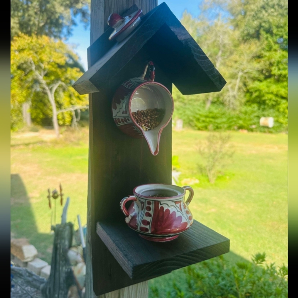 Rustic Wooden Handcrafted Bird Feeder Teapot Blue Bird Cafe - Picture 7 of 16